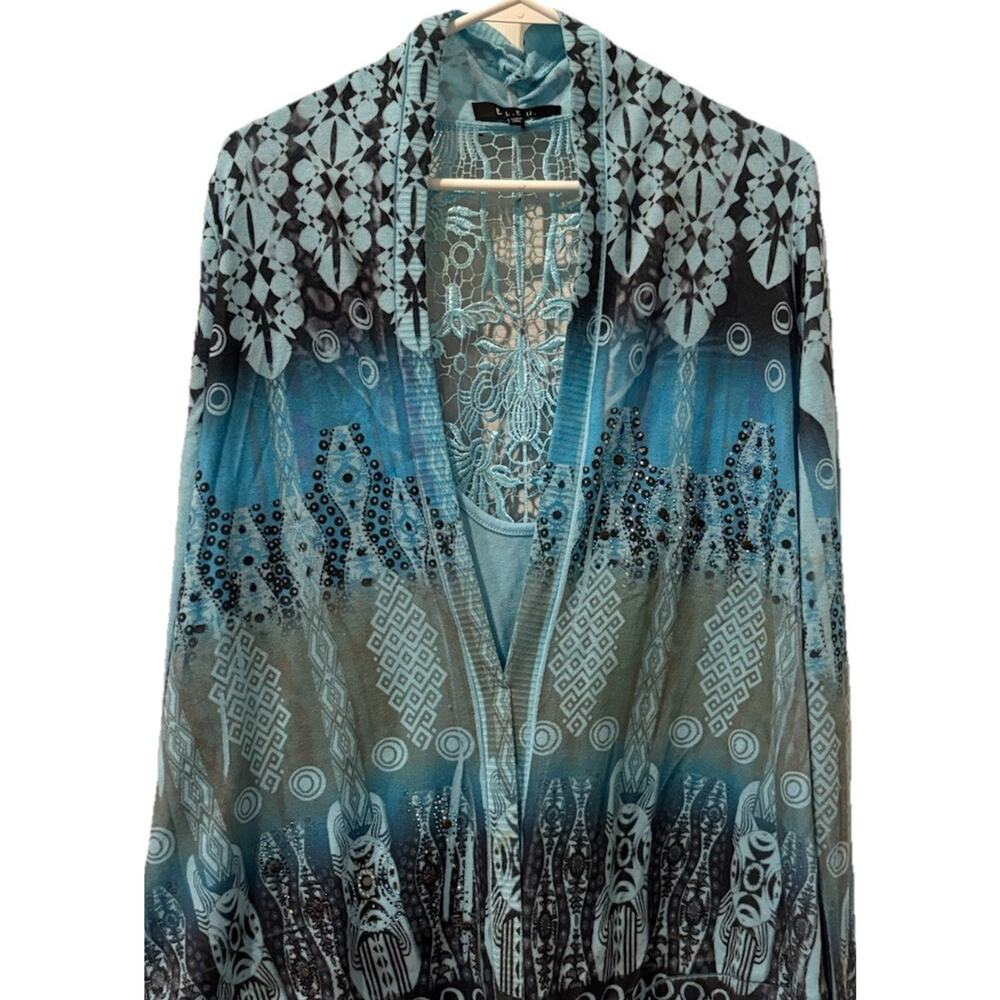 B.L.E.U.-Open Front Floral Sweater-Med-Rhinestone Details Abstract Print Blue